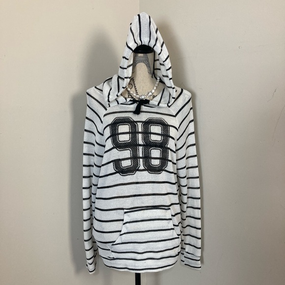 Stranded Women’s White Black Stripes Hoodie Lightweight Knit Sweater Number 98 - Picture 1 of 4